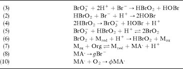 (3) BrO3- + 2H+ + Br- → HBrO2 + HOBr (2) HBrO2 + Br- + H+ → 2HOBr (4) 2HBrO2 → BrO3- + HOBr + H+ (5) BrO3- + HBrO2 + H+ → 2BrO2 (6) BrO2 + M_red + H+ → HBrO2 + M_ox (7) M_ox + Org → M_red + MA• + H+ (8) MA• → gBr- (10) MA• + O2 → φMA•